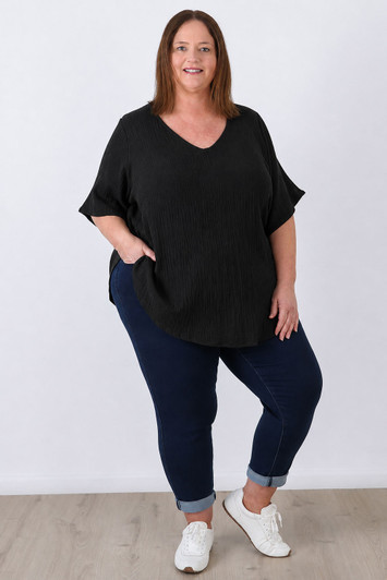 Plus Size Textured Cotton V Neck Top In Black