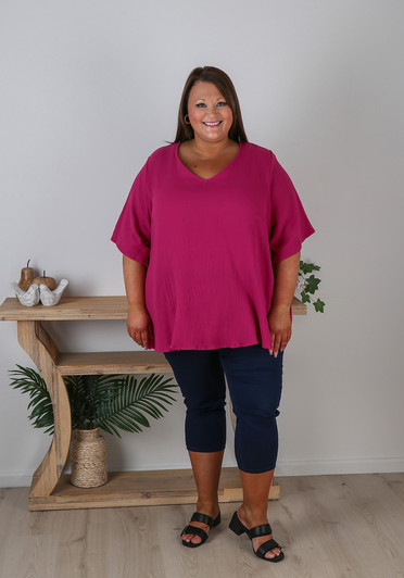 Plus Size Textured Cotton V Neck Top In Berry