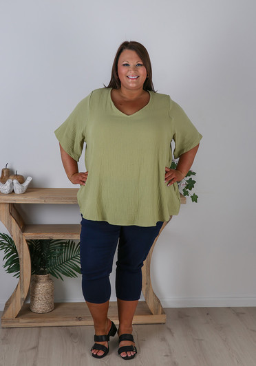 Plus Size Textured Cotton V Neck Top In Sage