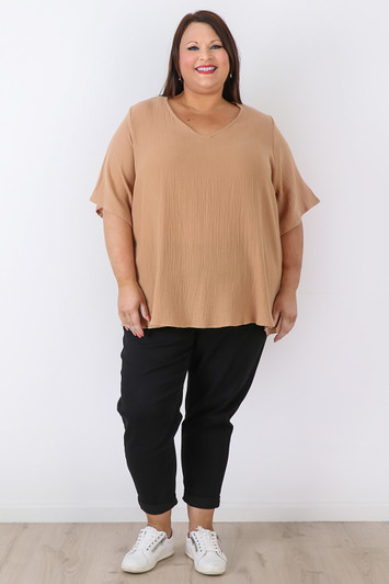 plus size Cotton V Neck Top In Latte