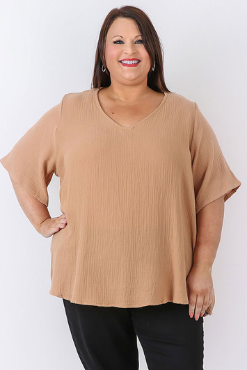 plus size Cotton V Neck Top In Latte