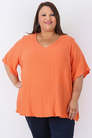 Plus Size Textured Cotton V Neck Top In Orange