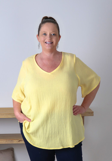 Plus Size Textured Cotton V Neck Top In Butter Yellow
