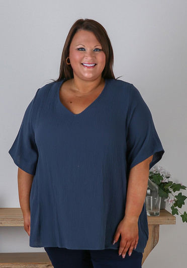 Plus Size Textured Cotton V Neck Top In Navy