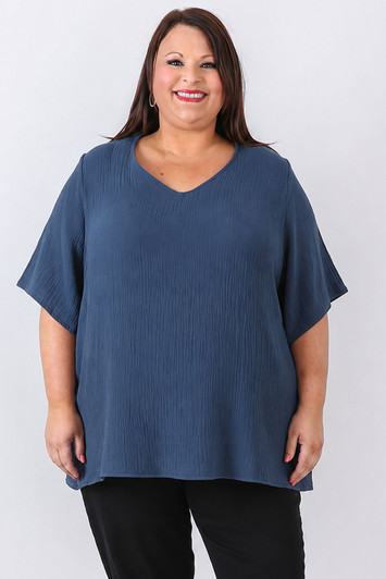 plus size Cotton V Neck Top In Deep Sea Blue