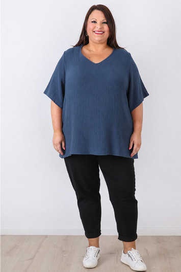 plus size Cotton V Neck Top In Deep Sea Blue