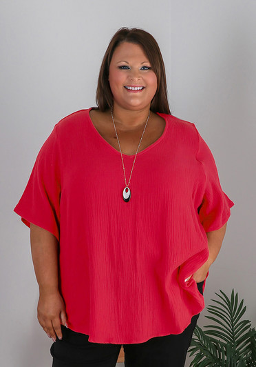 Plus Size Textured Cotton V Neck Top In Cerise