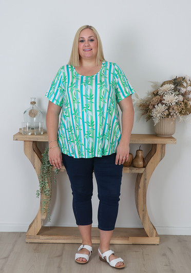 Plus Size Stretch Scoop Neck Top In Leafy Stripes
