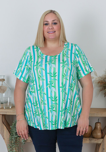 Plus Size Stretch Scoop Neck Top In Leafy Stripes