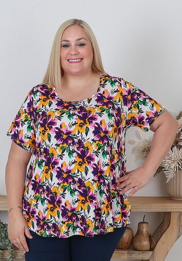 Plus Size Stretch Scoop Neck Top In Purple Floral