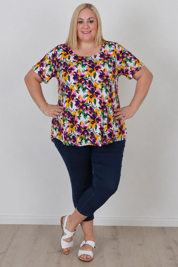Plus Size Stretch Scoop Neck Top In Purple Floral