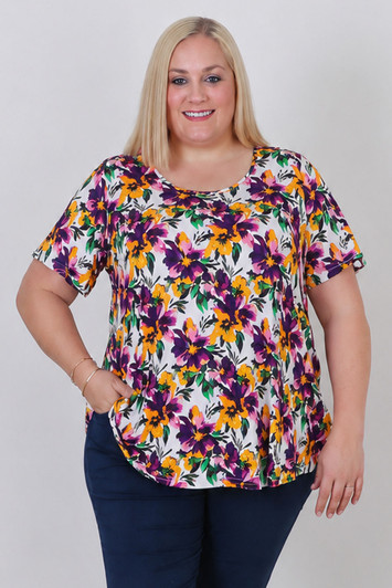 Plus Size Stretch Scoop Neck Top In Purple Floral