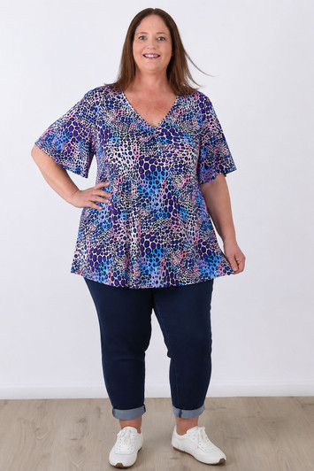 Plus Size Pinched V Neck Top In Animal Print