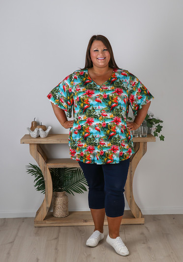 Plus Size V Neck Top In Flamingo Print