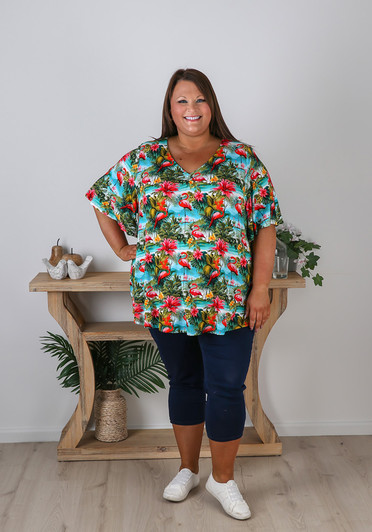 Plus Size Pinched V Neck Top In Flamingo Print