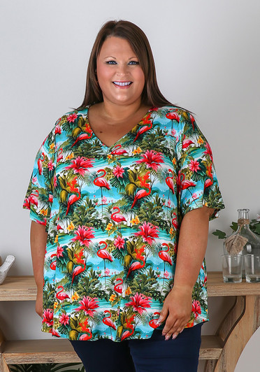 Plus Size Pinched V Neck Top In Flamingo Print