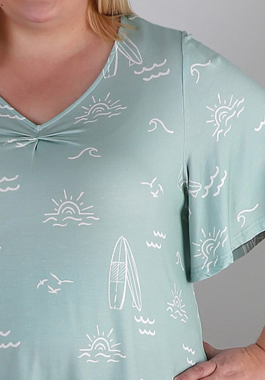 Plus Size Pinched V Neck Top In Sage Green Seaside Print
