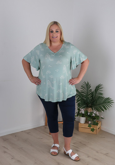 Plus Size V Neck Top In Sage Green Seaside Print
