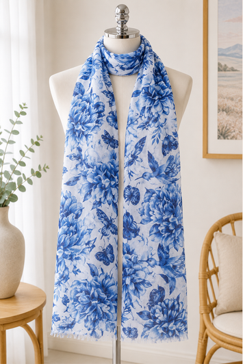 Blue Floral Birds and Butterfly Scarf
