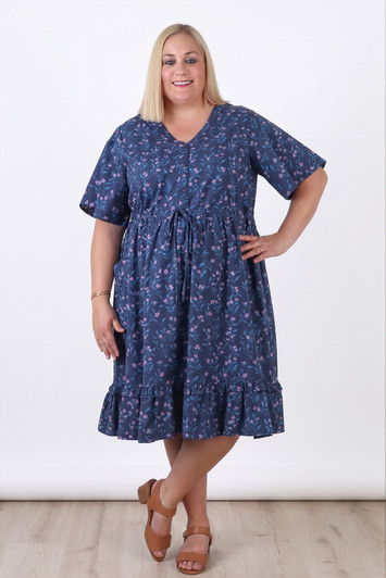 Plus Size Short Sleeve Cotton Dress In Blue Floral