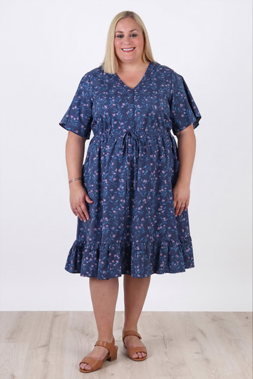 Plus Size Short Sleeve Cotton Dress In Blue Floral
