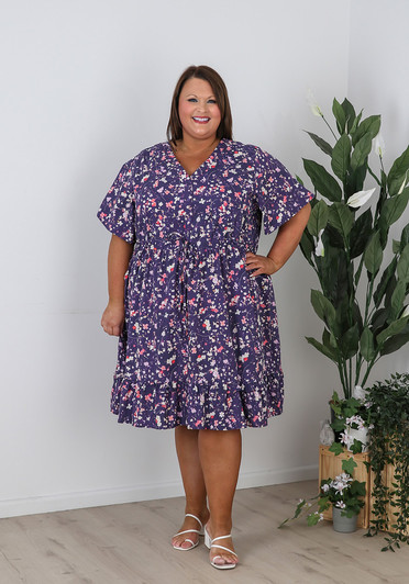 Plus Size Short Sleeve Cotton Dress In Purple Floral
