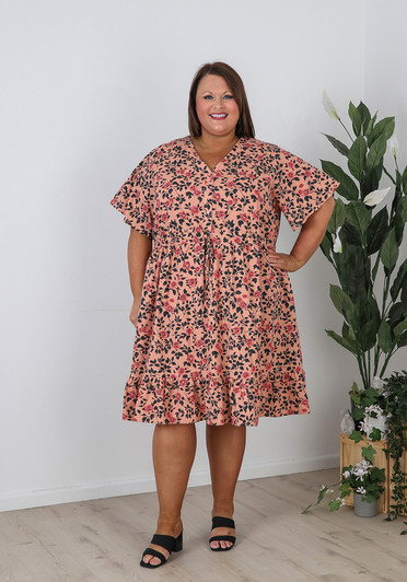 Plus Size Short Sleeve Cotton Dress In Peach Floral