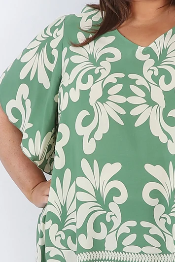 Green Floral V Neck Tunic