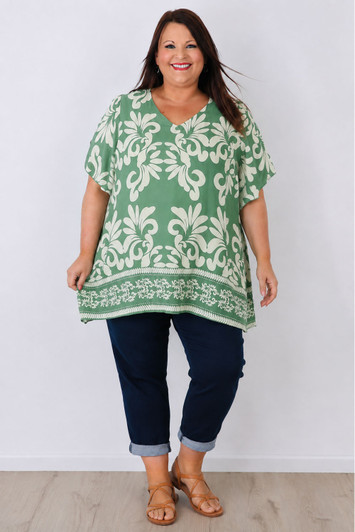 Green Floral V Neck Tunic