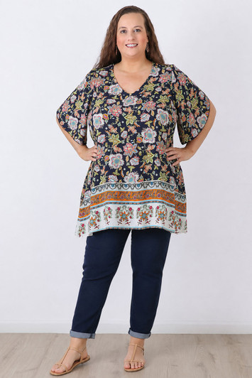Navy Boho Floral V-Neck Tunic