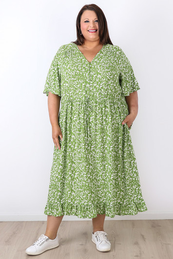 Meadow Green Flutter Sleeve Midi Dress