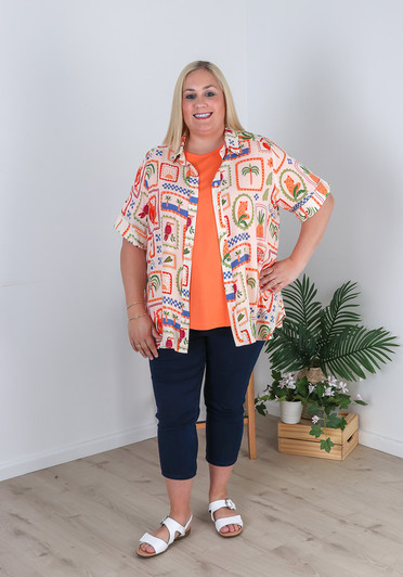 Plus Size Curvaceous Vibrant Orange Printed Shirt