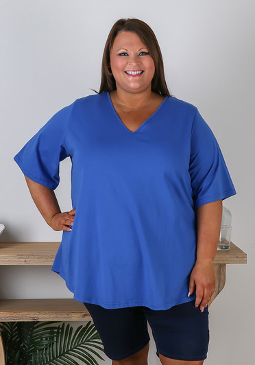 Plus Size V Neck Cotton Tee In Royal Blue