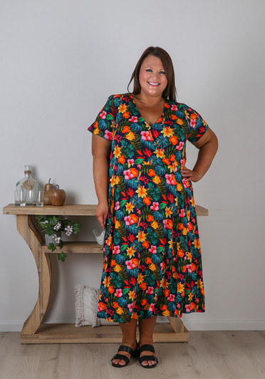 Plus Size Crossover Dress In Tropical Garden Print