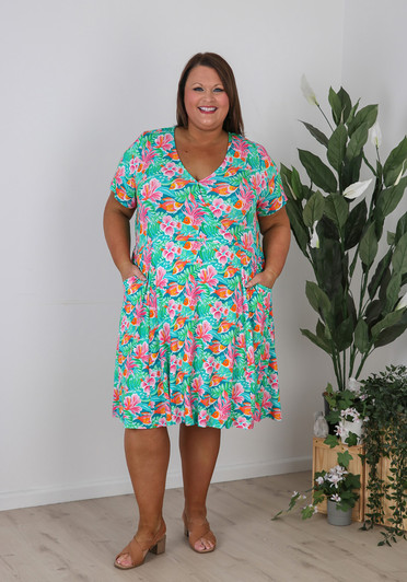 Plus Size Crossover Short Dress In Fish Print