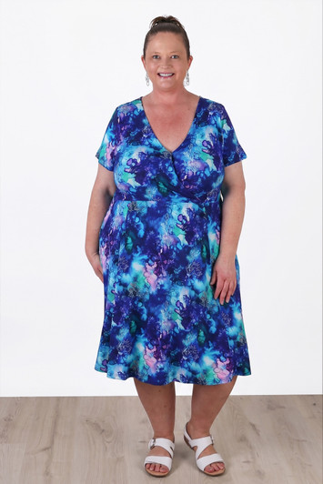 Plus Size Ocean Blue Crossover Short Sleeve Dress 