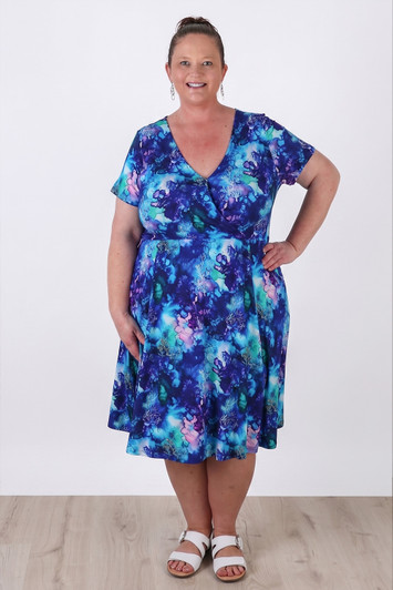 Plus Size Ocean Blue Crossover Short Sleeve Dress 