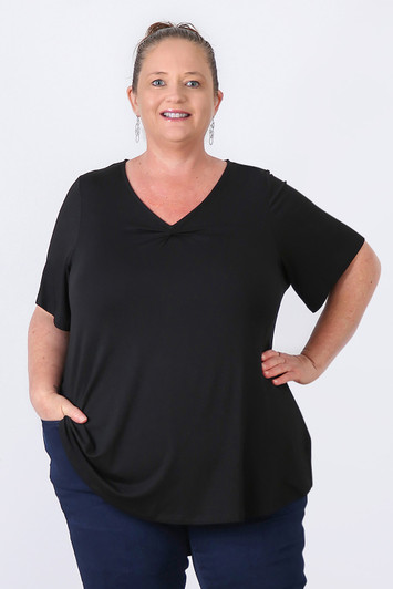 Plus Size Pinched V Neck Top In Black 
