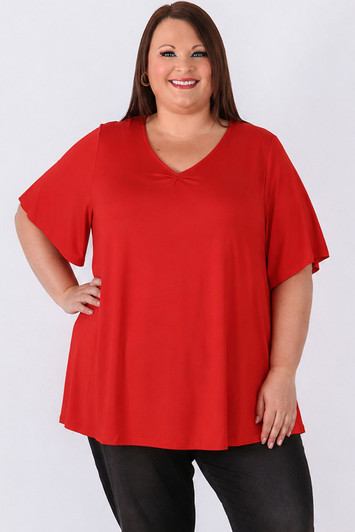 plus size red pinched v neck tee 