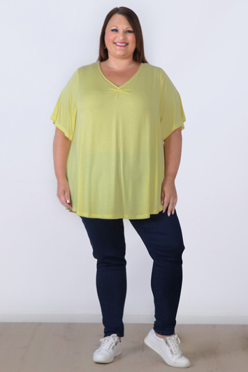 Plus Size Pinched V Neck Top In Lemon in Sizes 18 to 32