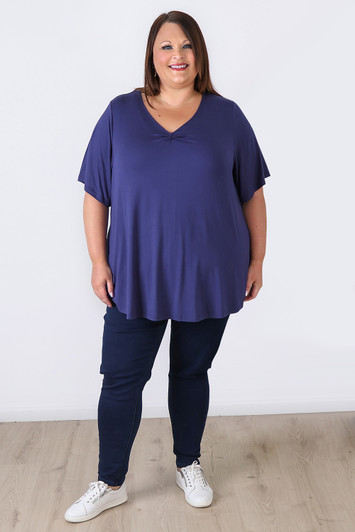 Plus Size Pinched V Neck Top In Navy by Curvaceous