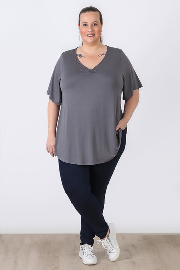 Plus Size Pinched V Neck Top In Grey by Curvaceous