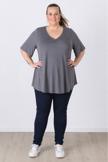 Plus Size Pinched V Neck Top In Grey