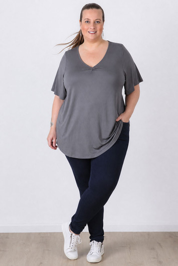 Pinched V Neck Top In Grey