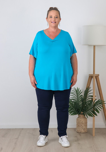 Plus Size Pinched V Neck Top In Aqua