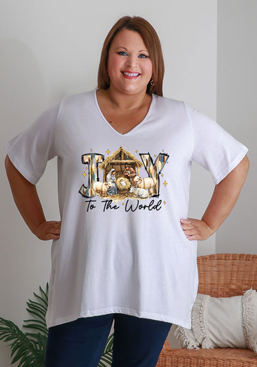 Plus Size Nativity Print Cotton Side Splits Tee In White