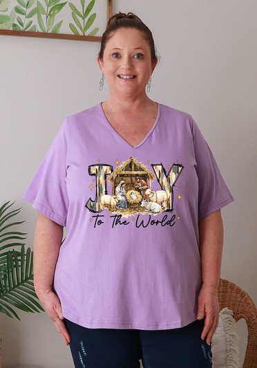 Plus Size Christmas V Neck Curved Hem Tee In Lilac
