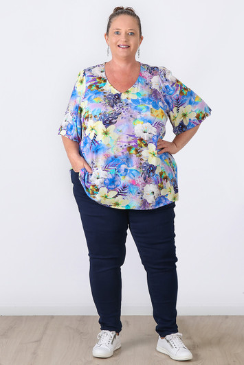 Plus Size Short Sleeve Top In Purple Tropicals by Curvaceous