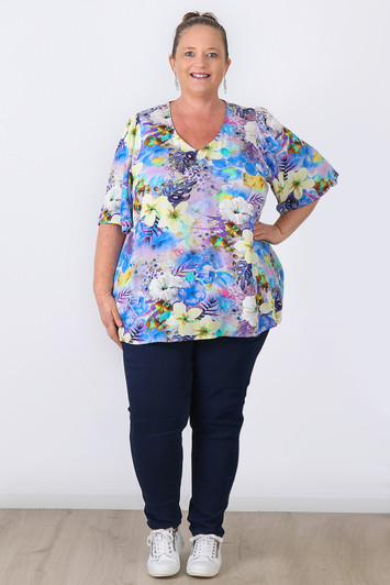Plus Size Short Sleeve Top In Purple Tropical