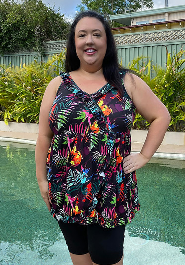 Plus Size Sleeveless Swim Dress In Palm Leaf Colour